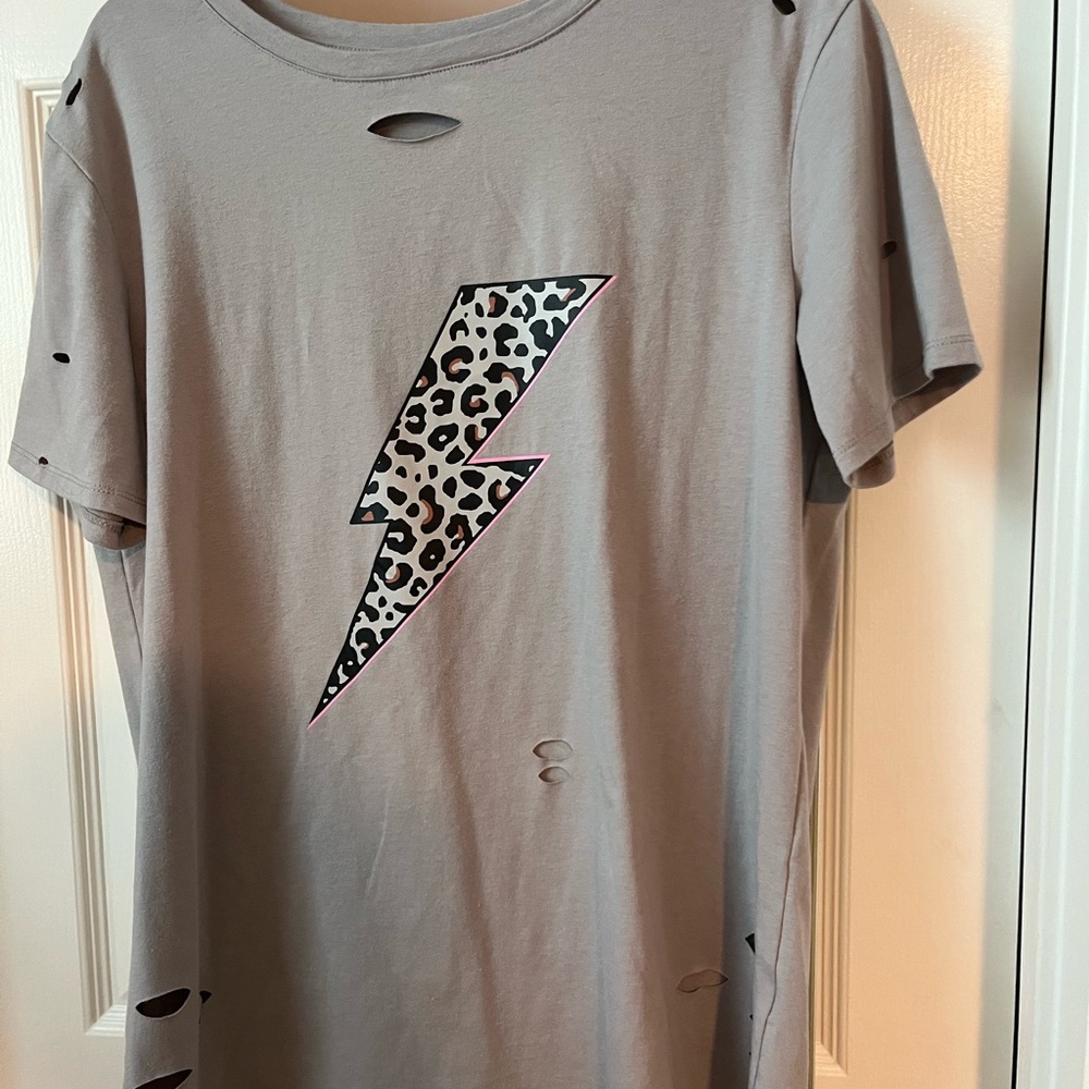Leopard Bolt Graphic Distressed Tee - Black & Pink Accent
